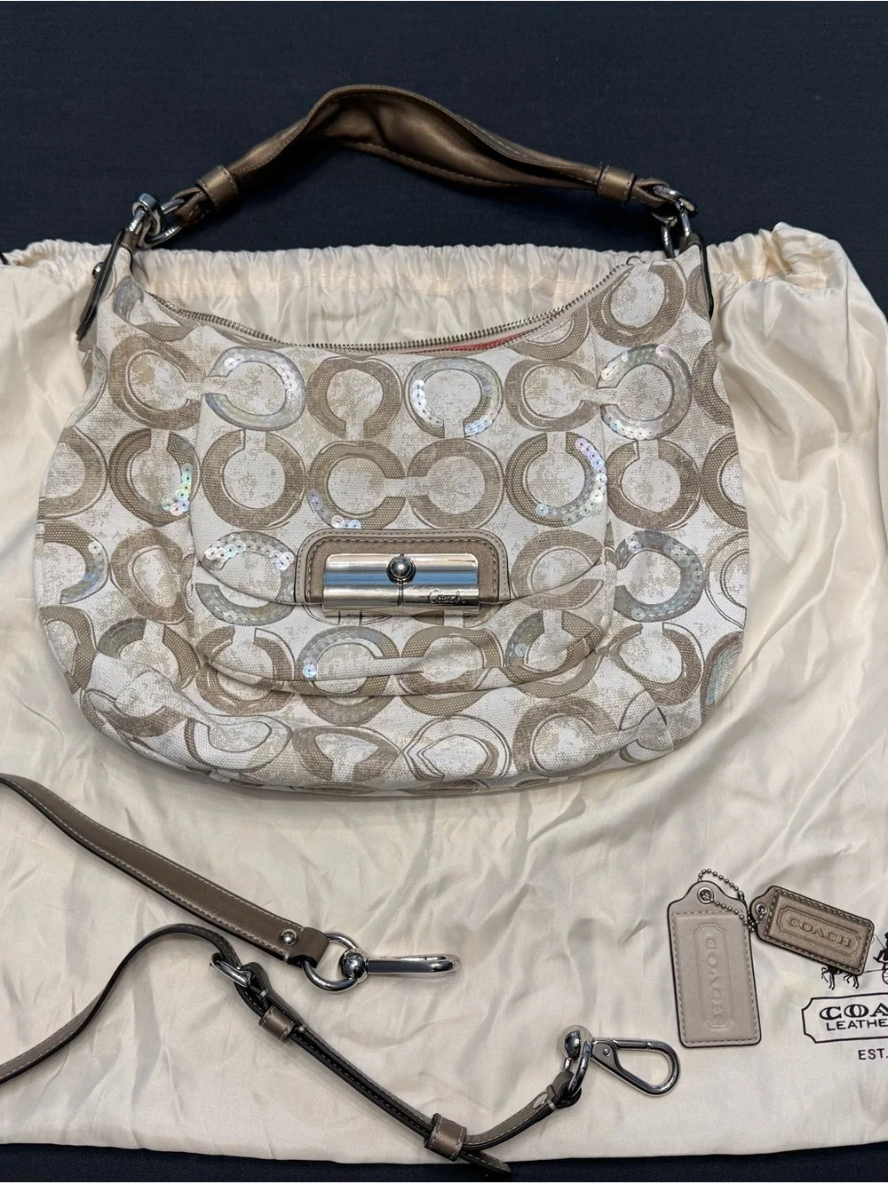 Coach Iridescent Signature Shoulder Bag in Taupe and Cream